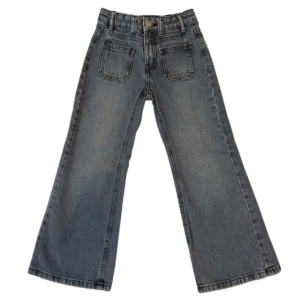Zara Kids Girls Gray Washed Wide Leg Flare Jeans Adjustable Waist Size 7 122cm